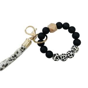 Leopard Black White Silicone Beaded Keychain Ring Wrist Stretch Bracelet NEW